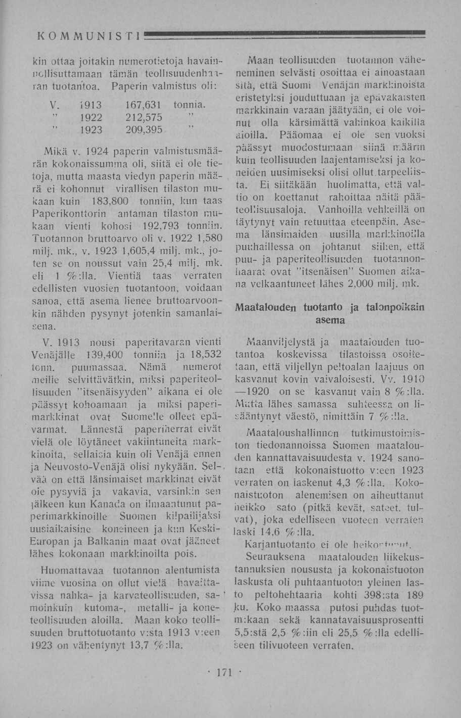 KOMMUNISTI kin ottaa joitakin numerotietoja havainncllisuttamaan tämän teollisuudenhaaran tuotantoa. Paperin valmistus oli; V. 1913 167,631 tonnia. 1922 212,575 1923 209,395 Mikä v.