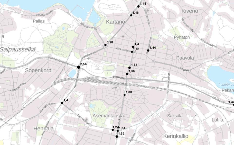 Onnettomuuspaikat indeksitarkasteluna (Lahden keskusta) Onnettomuusaineisto vuosilta 2013-2017 MML 2017;