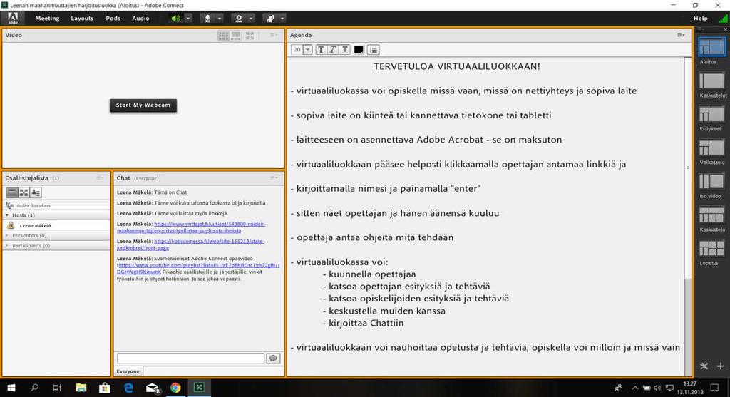 20 Kuva 4. Virtuaaliluokan näyttö ohjeineen ja chattiin valmiiksi sijoitettuine linkkeineen. Luokkaan kirjautuminen ja kameran käyttö aiheutti myös paljon keskustelua ja kysymyksiä.