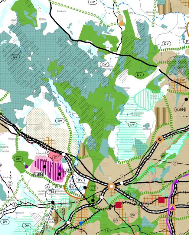 Kuva 2 Ote Uudenmaan hyväksyttyjen maakuntakaavojen yhdistelmästä ja kaavamerkinnöistä (ote 8/2018, yleiskaava-alueen rajaus viitteellinen) Loka-marraskuussa 2018 nähtävillä olleen Uusimaa-kaavan
