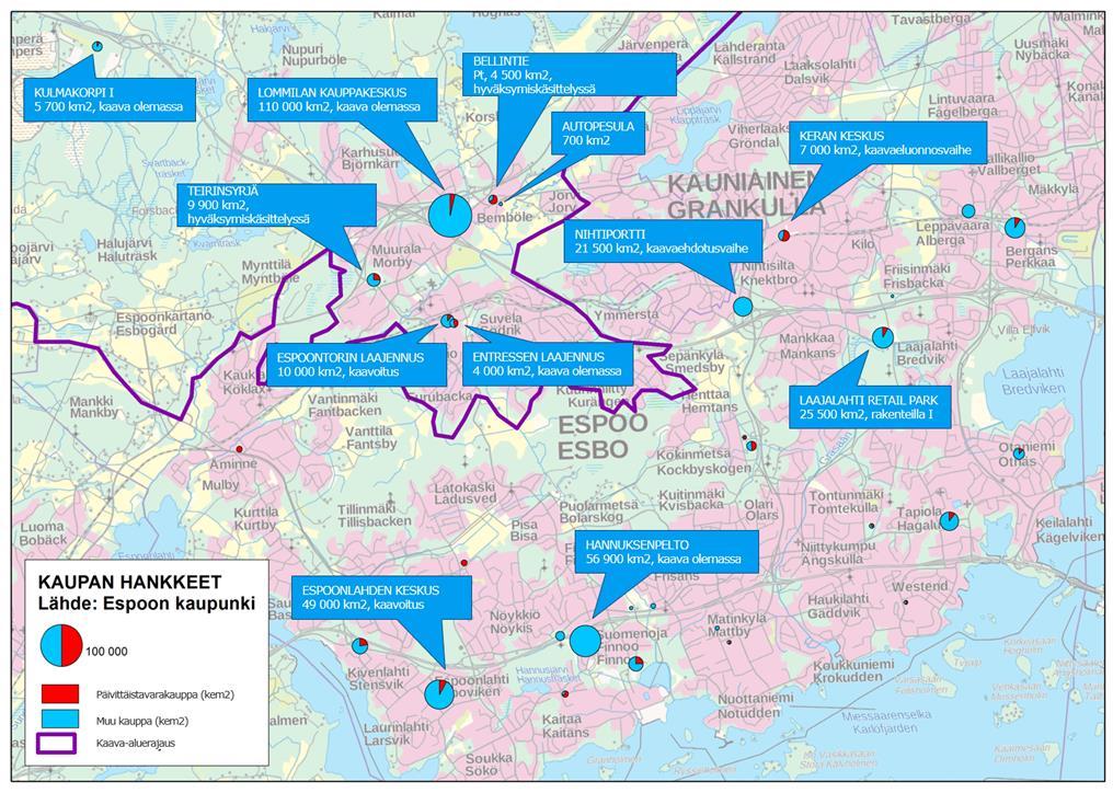 4.4 Kaupan hankkeet Seuraavassa kuvassa esitetään tiedossa olevia kaupan hankkeita Espoossa. Hankkeet ovat kaavoituksellisesti ja toteutuksen suhteen erilaisissa vaiheissa.