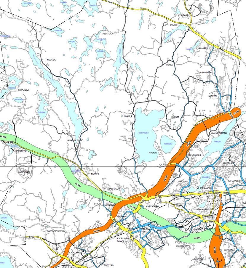 5.3 Liikenne ja liikennehankkeet Espoon Liikennekatsauksen 2017 mukaan liikennemääriltään suurimpia pohjois- ja keskiosien yleiskaava-alueella kulkevia liikenneväyliä ovat Turunväylä sekä Kehä III.