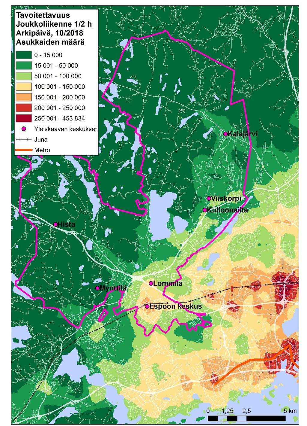 Kuva 28 Väestötavoitettavuus joukkoliikenteellä