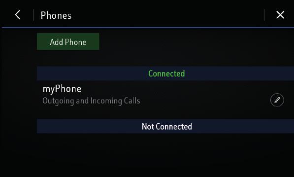 Yhteysasetukset Napauta / tehdäksesi Bluetooth-yhteyden asetuksia yhdistettyyn puhelimeen. Connected Navigation -toiminto näkyy näytössä.