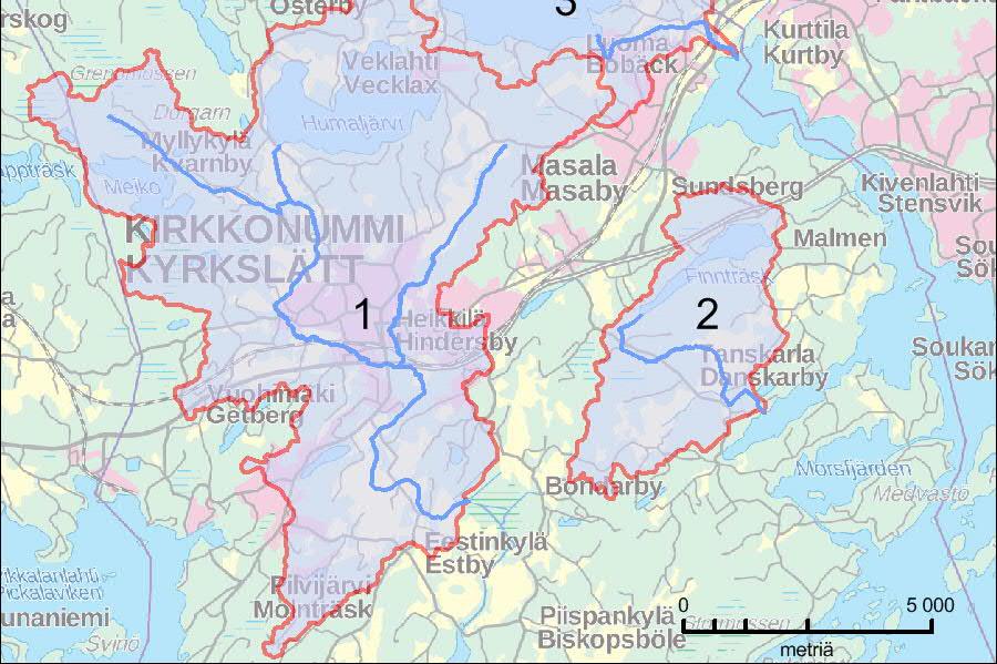 valuma-alue, 4 = Kalakoskibäckenin valumaalue, 5 = Kauhalanjoen valuma-alue.