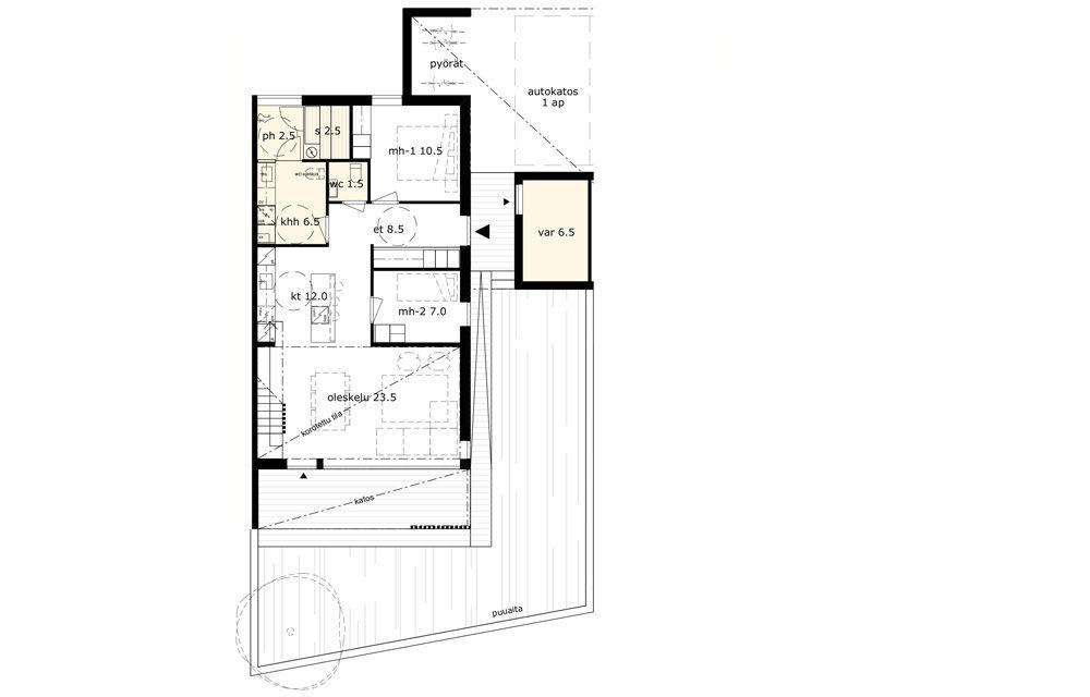 B9 VARATTU 80,5m² 3h + k Myyntihinta: 58 200 Velaton: 194 000 Paritalokodissa on saarekkeellinen keittiö, joka yhdistyy korotettuun olohuone/ruokailutilaan.