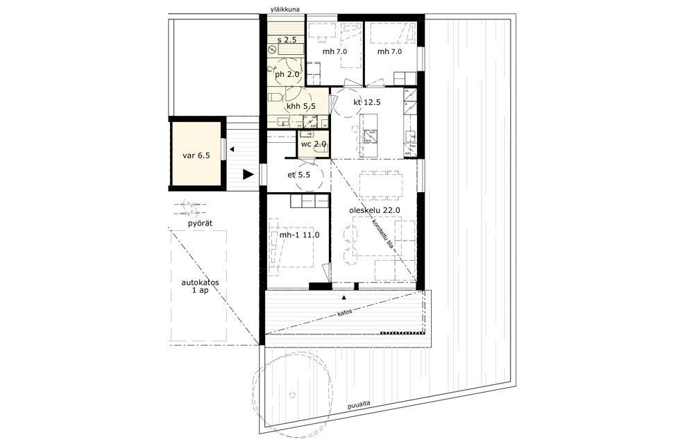 C15 VARATTU 80,5m² 4h + k Myyntihinta: 61 200 Velaton: 204 000 Tätä erillistaloa on mahdollista muokata perheen tarpeiden mukaan: kaksi pientä makuuhuonetta on mahdollista yhdistää yhdeksi