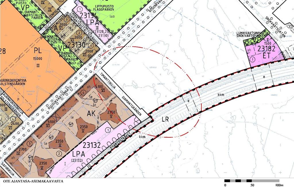 Osallistumis- ja arviointisuunnitelma nro 232400, 12.11.2018 sivu 8 Asemakaavatilanne Ote ajantasa-asemakaavasta. Suunnittelualueen sijainti on merkitty punaisella pistekatkoviivalla.