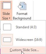 Muuta dian aloitusnumero: Design-välilehti, Slide Size, Custom Slide Size (Rakenne, Dian koko) 5.