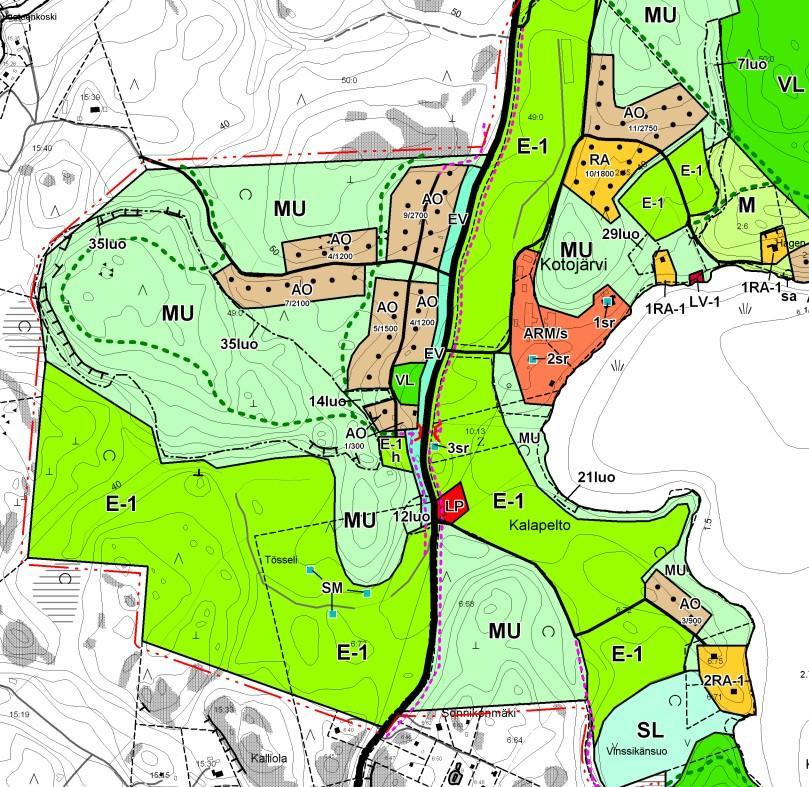 Alueelle on osoitettu pääasiassa erillispientalojen korttelialueita (AO), katu- ja viheralueita sekä maa- ja metsätalousaluetta, jolla on