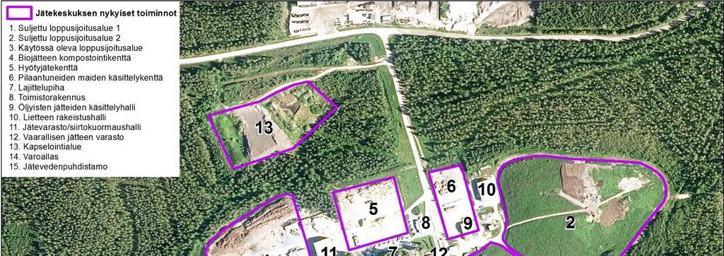 Kuva 4-3. Majasaaren jätekeskuksen nykyiset toiminnot. Yhdyskuntajätteet pääasiassa siirtokuormataan ja toimitetaan Riikinvoima Oy:lle Leppävirralle energiahyötykäyttöön.