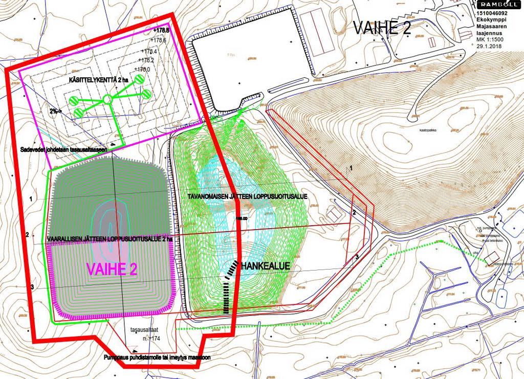 Kuva 4-6. Vaarallisen jätteen käsittelykenttä ja loppusijoitusalue layout-kuva vaiheessa 2.