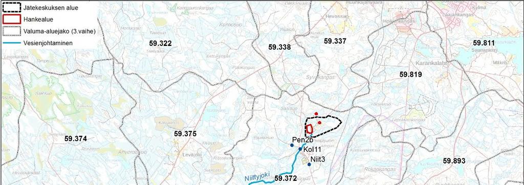 Pintavesien tarkkailupisteitä on kaikkiaan yhdeksän, joista kuusi pistettä sijaitsee vesien virtaussuunnassa kaatopaikan alapuolella ja kolme pistettä sen yläpuolella.