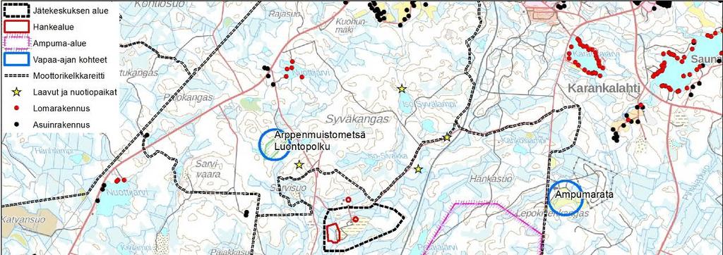Kuva 12-13. Asutus ja muut herkät kohteet hankealueen lähiympäristössä.