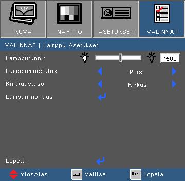 Käyttäjän ohjaimet VALINNAT Lamppu Asetukset Lampputunnit Näyttää nykyisen lampun lampputunnit.
