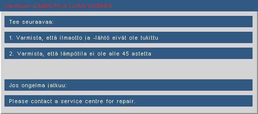 Liitteet Näyttöviestit Lämpötilavaroitus: Tuuletinvika: Lamppuvaroitus: Näyttöalueen ulkopuolella: Jos kaukosäädin ei toimi Varmista,