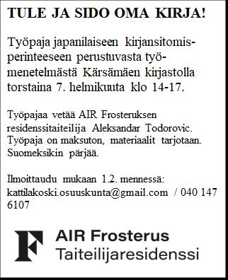 30 Tervetuloa Suomenselän Muisti ry ry Keskipisteen Omaishoitajat Tervetuloa erityislasten perheiden iltaan Nahkuriin to 31.1 klo 17.30-19.00.
