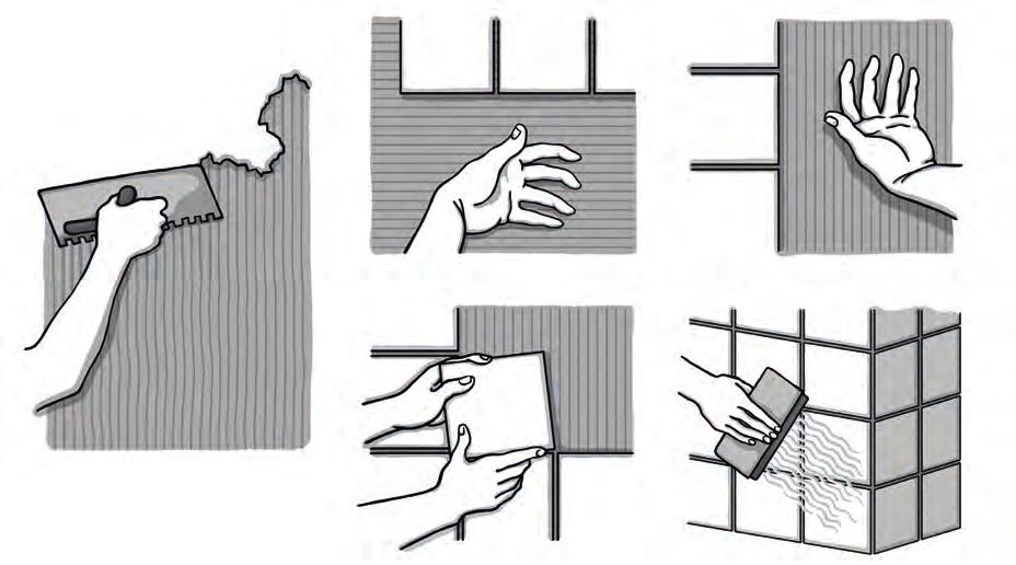 Tiling The tilers can do both wall and floor tiling, for example in bathrooms. They need to know how to measure and cut the tiles, and how to choose the right kind of adhesive.