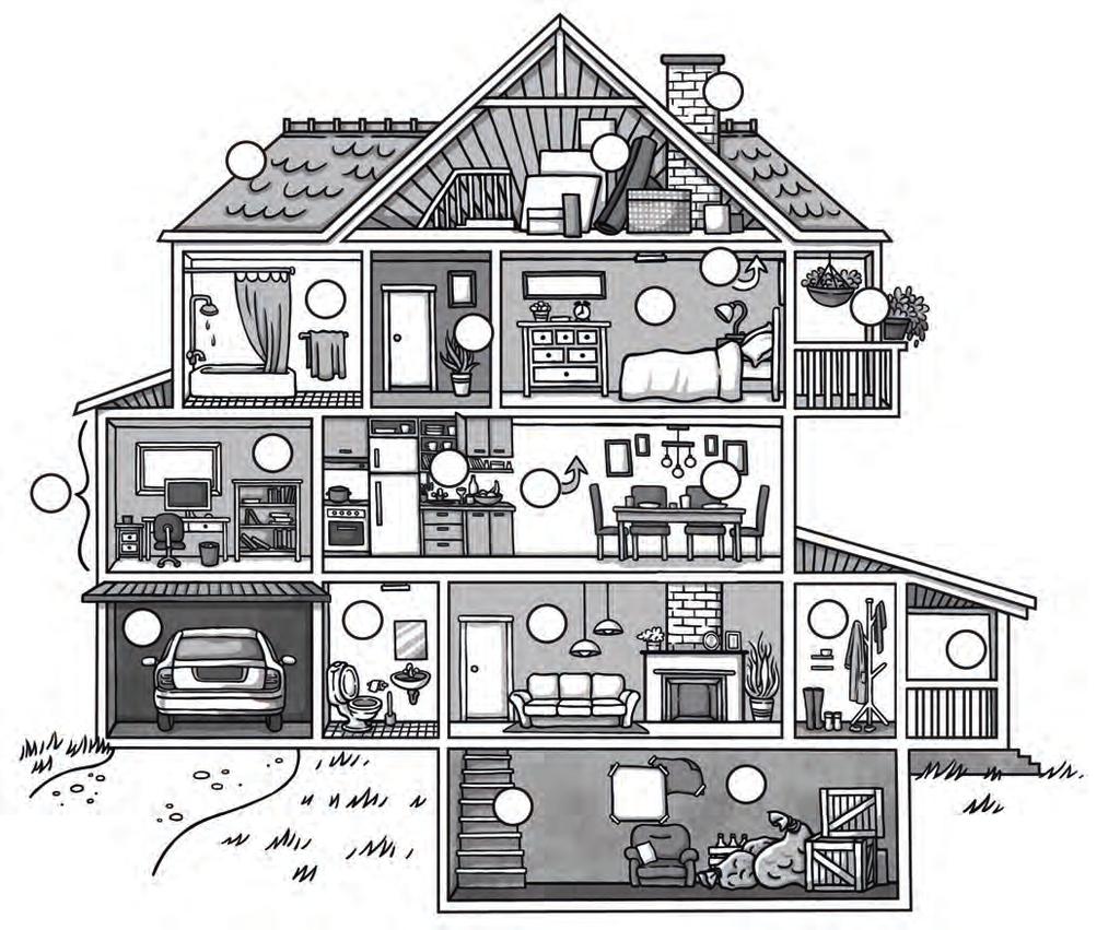 8. Sijoita talon osien nimitykset kuvaan numeroilla. 1. bathroom 2. garage 3. ceiling 4. kitchen 5. living room 6. bedroom 7. balcony 8. study 9.
