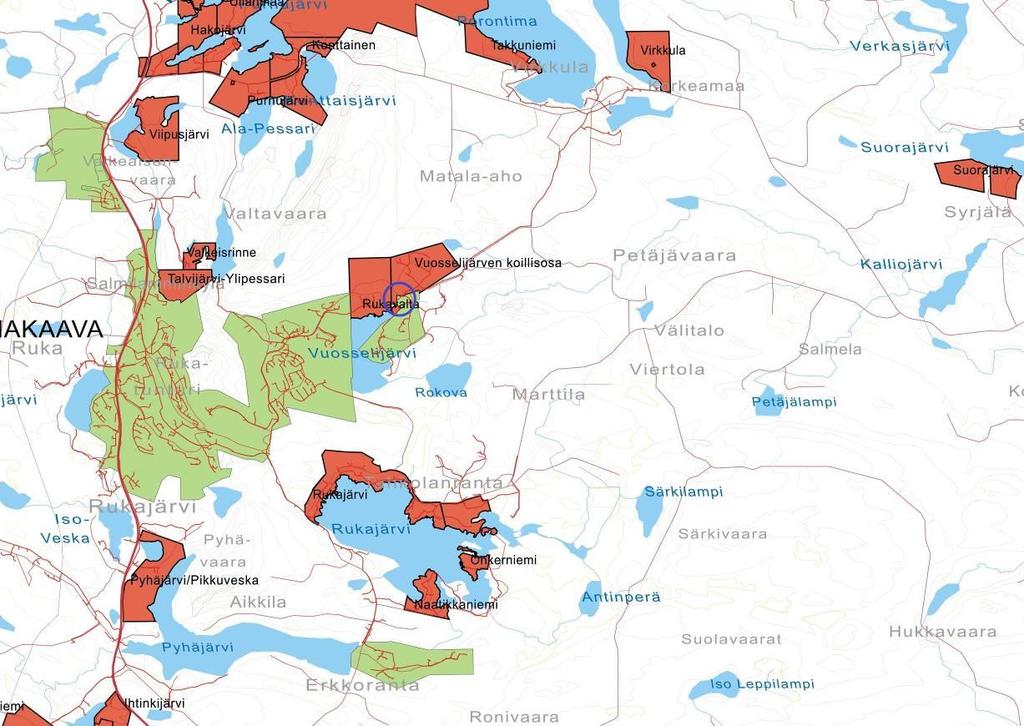 Rukan ympärillä on suuri määrä asema- ja ranta-asemakaavoja. Niiden rajaus on esitetty oheisella kartalla. Vihreällä on rajattu asemakaava-alueet ja punaisella rantaasemakaavat.