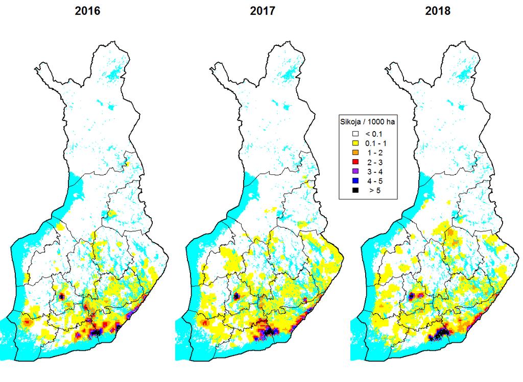 Hirveä metsästäneiden seurojen ja seurueiden jahtikauden 2018 päätöksen yhteydessä arvioimien yksilömäärien perusteella villisikojen tiheimpiä esiintymisalueita Suomessa ovat itäisellä Uudellamaalla