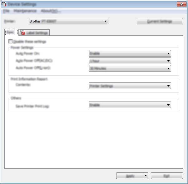 P-touch-tarratulostimen asetusten muuttaminen Laiteasetukset (Windows ) 6 Tulostinasetustyökalun [Laiteasetukset] avulla voidaan määrittää tai muuttaa laitteen asetuksia, kun laite ja tietokone on