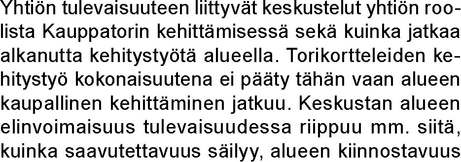 Toiminnan riskit ja tulevaisuuden - yleinen taloudellinen tilanne ja sen vaikutus rahoitukseen ja vuokramarkkinoihin Helsingin Leijona Oy on vienyt Torikortteleiden kehitvalmiiksi vuonna 2018.