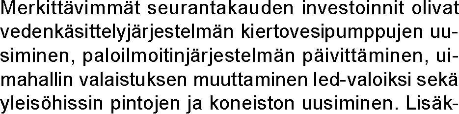 Tuloskehitys ja investoinnit (2,2 milj. euroa). Muut liiketoiminnan tuotot yhteen- 620 000 euroa (573 000 euroa).