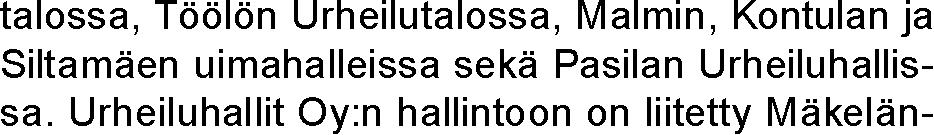 Urheiluhallit Oy 51,3 % Helsingin kaupungin omistusosuus Hallituksen puheenjohtaja Hallituksen varapuheenjohtaja Toimitusjohtaja Wahlman, Sami Hakola, Juha Korppi, Anu Laakso, Maria Laaksonen, Heimo