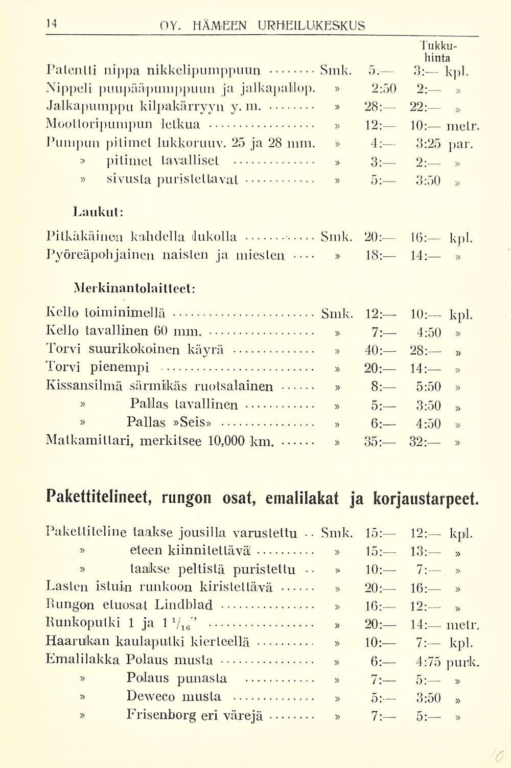 OY. HÄMiEEN URHEILUKESKUS liikkuhinta Patentti nippa nikkelipumppuun Smk. 5: 3: kpl. Nippeli puupääpumppuun ja jalkapallop. 2:50 2: Jalkapumppu kilpakärryyn y. m.