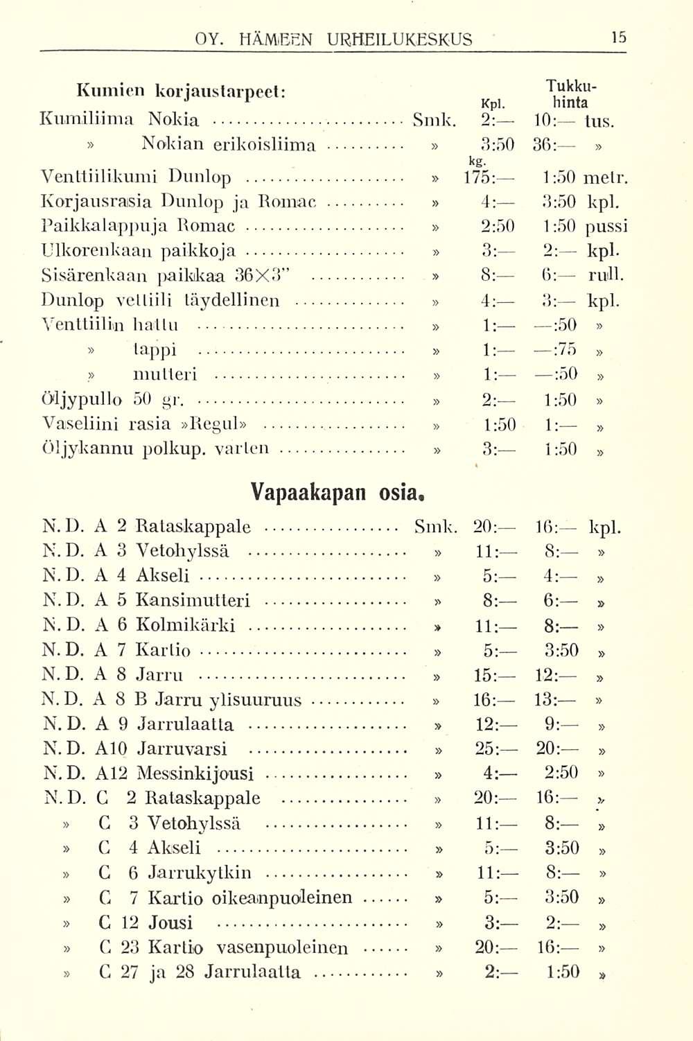 1; Kumien korjaustarpeet: Tukku- J 1 Kpl. hinta Kumiliima Nokia Smk. 2: 10: tus. 36; Nokian erikoisliima 3:50 Venttiilikumi Dunlop kg. 175: 1:50 metr. Korjausrasia Dunlop ja Romac 4: 3:50 kpl.