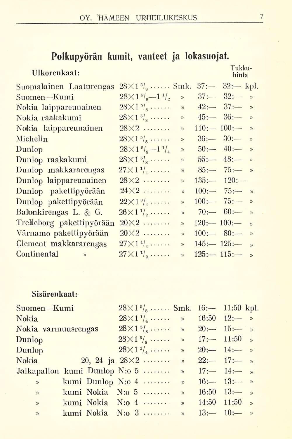 OY. 'HÄMEEN URHEILUKESKUS Polkupyörän kumit, vanteet ja lokasuojat.. 1 Ulkorenkaat: Tukkuhinta Suomalainen Laaturengas 28X1 5 / 8 Smk.