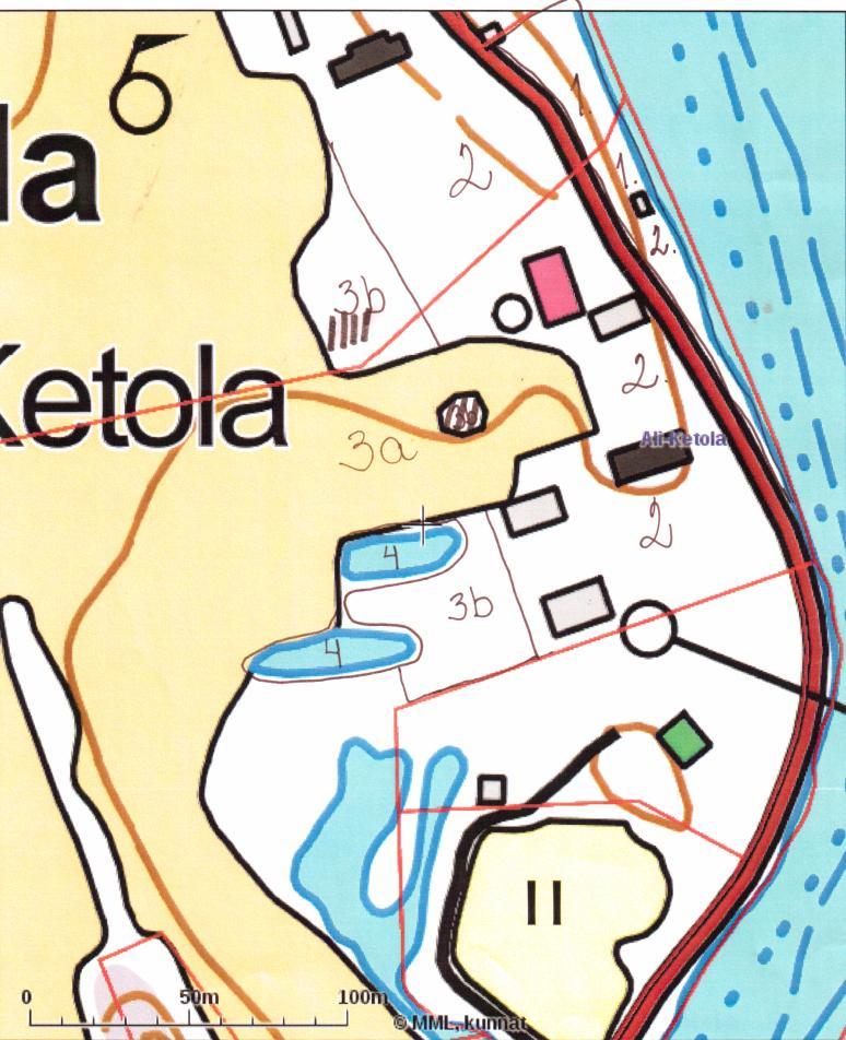 7 Kartta 1: Selvitysalueen luontotyypit Numero 1 on rantalehtoa, numero 2 on hoidettua piha-aluetta, numero 3a on peltoa, 3b on joutomaa-aluetta ja numero 4 on lammikkoalue.