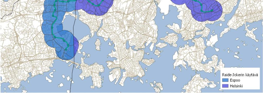 160000 140000 120000 100000 80000 60000 40000 20000 0 Asukasmäärä Raide-Jokerin käytävässä Helsinki 2018 2018-2030 2030-2050 Espoo Kuva 6 Asukasmäärä ja MAL-suunnitelmaluonnoksen mukainen ennuste