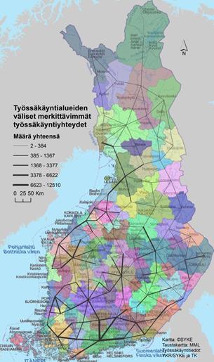 Työssäkäyntialueiden välinen pendelöinti Karttaan on kuvattu työssäkäyntialueiden välisen pendelöinnin yhteismäärää ja työssäkäyntivirtojen solmupisteitä.