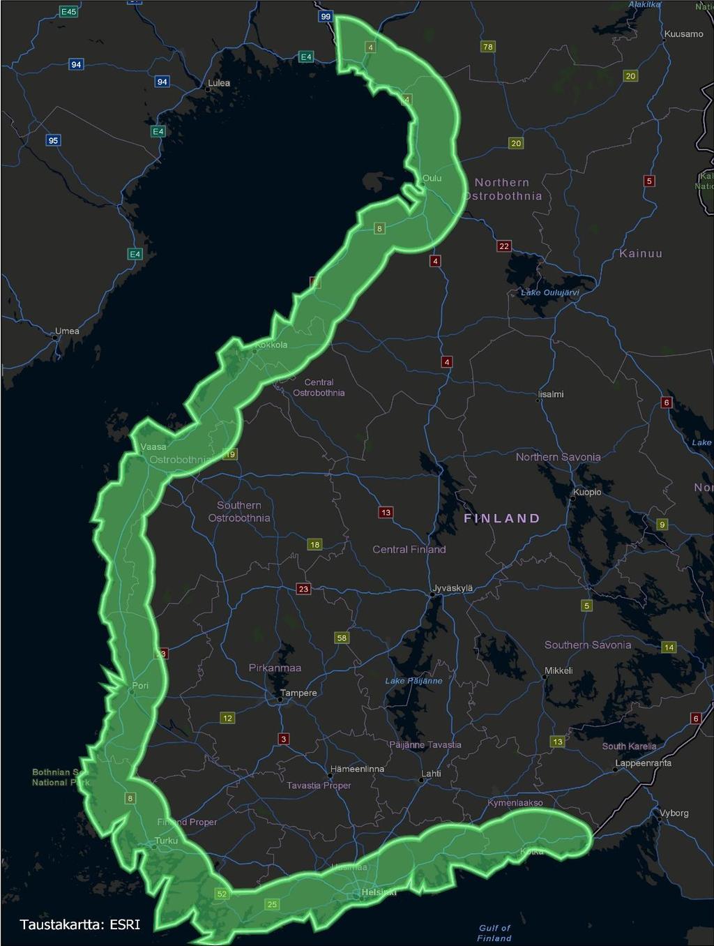Tornio Oulu Vaasa Pori Turku Kokkola RANNIKKO-SUOMI 30 KM KÄYTÄVÄ KOTKASTA TORNIOON 12,8 % koko maan maapinta-alasta 42,8 % koko maan asukkaista 53,1 % koko maan työpaikoista Noin 60 %