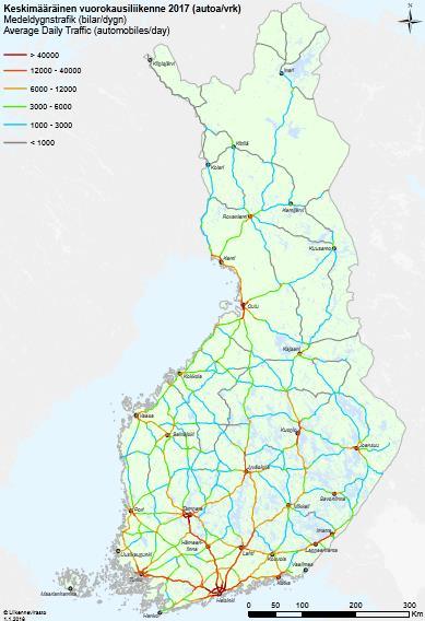 Vuorokausiliikenne keskimäärin valta-, kanta- ja seututeillä vuonna 2017 Tampere-Jyväskylä Karttaan on kuvattu maantieliikenteen keskimääräiset