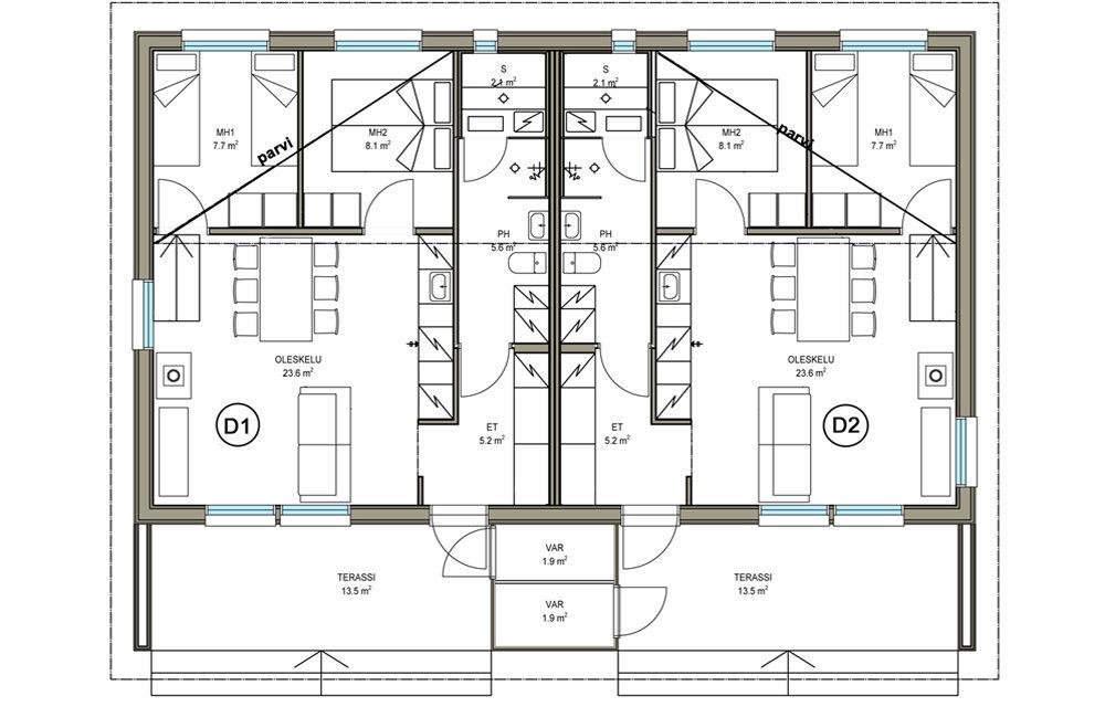 D 2 VAPAA 54.0m² 3h + k +parvi Myyntihinta: Velaton: 157 000 Parimökissä on tilava yhtenäinen oleskelutila. Parvella on 16 m² lisätilaa.