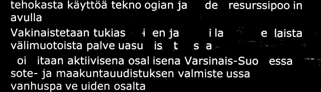 9K o Edistetään kotona asumista sekä kotihoidon resurssien tehokasta käyttöä teknologian ja uuden resurssipoolin avu lla o Va kinaistetaan tukiasum.