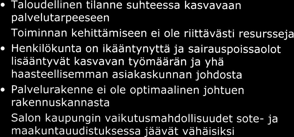 satil 2A1 9 Merkittävimmät ri sk I t o Taloudellinen tilanne suhteessa kasvavaan pa lve I u ta rpeesee n o Toiminnan kehittämiseen ei ole riittävästi resursseja o Henkilökunta on ikääntynyttä ja