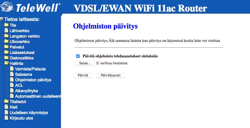 Jos päivitys tehdään Wifi -yhteyden kautta, niin yhteys katkeaa päivityksen ajaksi ja laitteelle tulee liittyä uudelleen oletustunnuksilla: Huomaa!