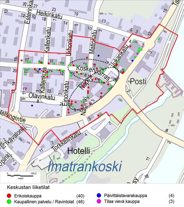 3. 1. 2. että Einonkatu ei ole kaupallisesti aktiivinen alue. Lisäksi Koskentorin ja S-marketin väliin jäävä ns. Koskiksen alue taksiasemineen katkaisee kaupallisen vyöhykkeen.