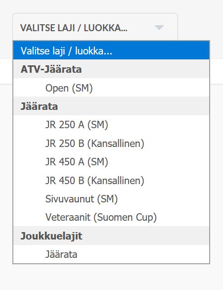 Joukkueilmoittautuminen Käyttöoikeus Joukkueenjohtaja Ilmoittautumislomakkeen valinta Ilmoittautumislomakkeen Laji/luokka -valikossa juokkuelajit ovat oman luettelonaan.