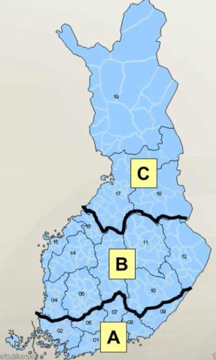 16 KUVA 3 Suomen aluejako lämpösumman ja hyönteisten esiintymisen perusteella. (Metsäkeskus n.d.) Puutavaran omistajan on huolehdittava, että: 1) 1.9.-31.5.