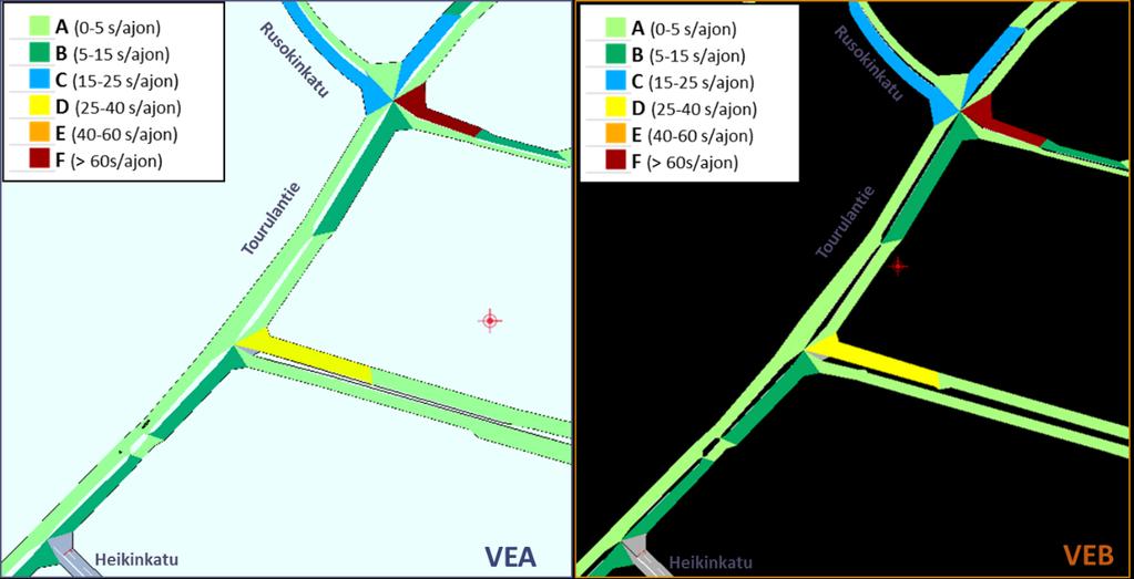 LIIKENTEEN TOIMIVUUS Molemmissa vaihtoehdoissa VT4 Tourulantie -väli toimii hyvin.