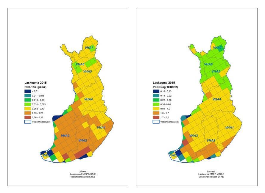 Kuva 2. Vuoden 2015 arvioitu PCB-yhdisteiden (g km 2 ) ja dioksiinien (ng I-TEQ m -2 ) laskeuma EMEPin 50 x 50 km 2 hilassa.