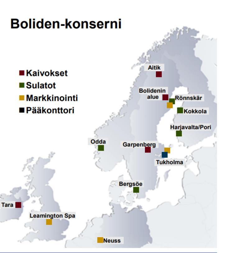 2 BOLIDEN KONSERNI Boliden on pohjoisessa mittakaavassa suuri. Kaivoksia on neljä ja sulattoja viisi.