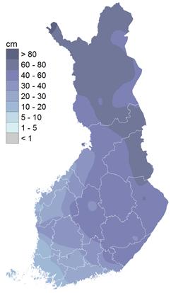 17 18 70 1966 0 1989 Laitila 46 16 30 50 1979 0 1993 Pöytyä 61 20 41 73 1966 0 1990 20 Lumen keskimääräinen syvyys