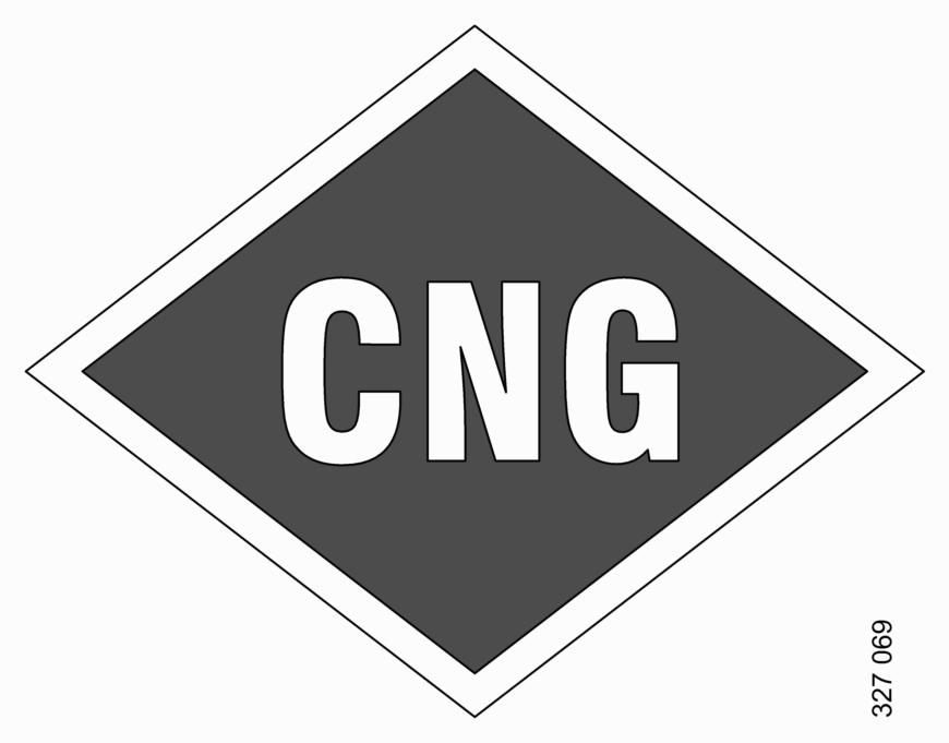 Kaasuajoneuvot Merkki Kaasuajoneuvot on merkitty useisiin eri kohtiin sijoitetuilla timantin muotoisilla symboleilla, joissa lukee CNG tai LNG.