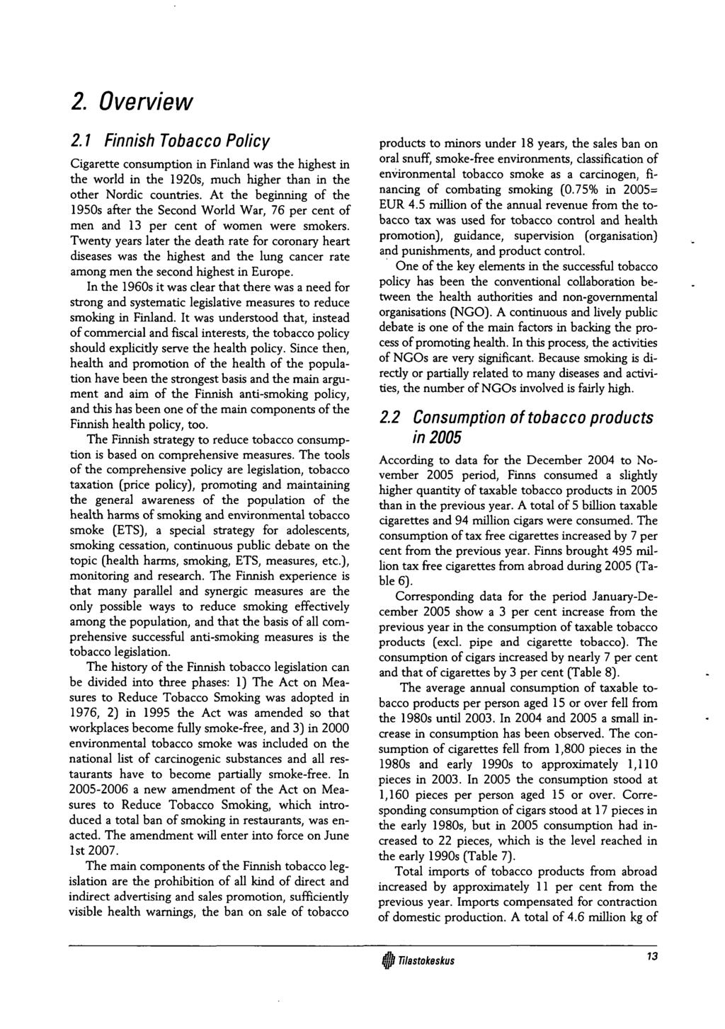 2. Overview 2.1 Finnish Tobacco Policy Cigarette consumption in Finland was the highest in the world in the 1920s, much higher than in the other Nordic countries.